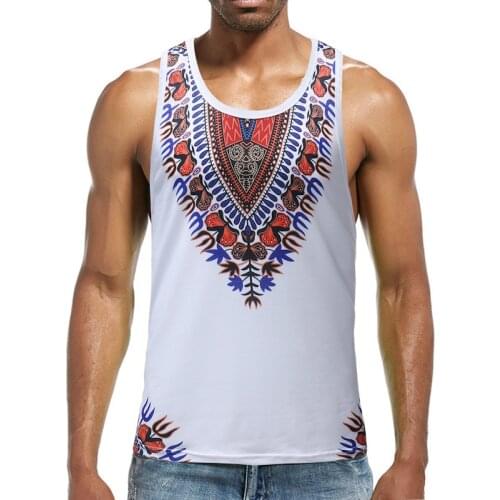 Adult Men Casual African Dashiki Slim Tank Tops Sleeveless Singlet T-shirt Fitness Undershirt White Vest 3X-Large Tee For Male
