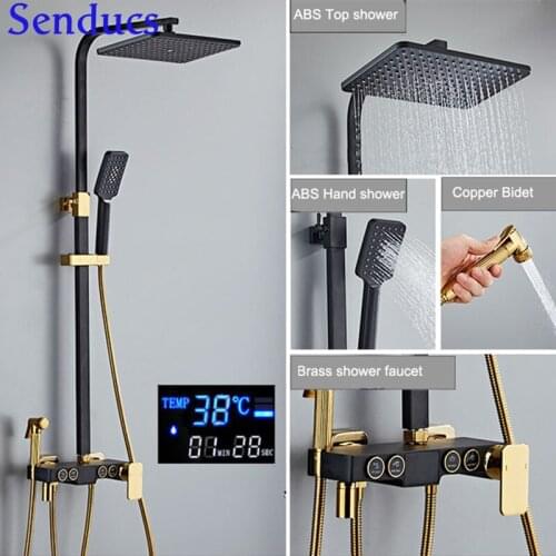 Matte Black Hot Cold Digital Bathroom Shower Set of 4 Modes Round Button Shower Head Copper Bath Bidet Thermostatic Shower Set