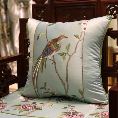 DUNXDECO Cushion Cover Decorative Pillow Case Modern Chinese Traditional Birds Flora Luxury Embroidery Coussin Home Sofa Decor
