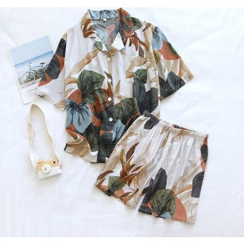 JULYS SONG 2021 New Viscose Women Pajamas Set 2 Pieces Stripes Floral Printed Sleepwear Short Sleeves Spring Summer Homewear