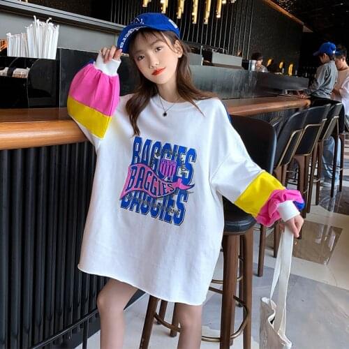 8 10 Girls Fall Long Tops 2021 New Letter Print Loose Teen Girls Long Sweatshirt