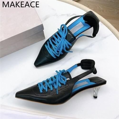 Summer lace-up pointed toe high-heeled toe sandals female stiletto shallow mouth Roman shoes leather back empty single shoes