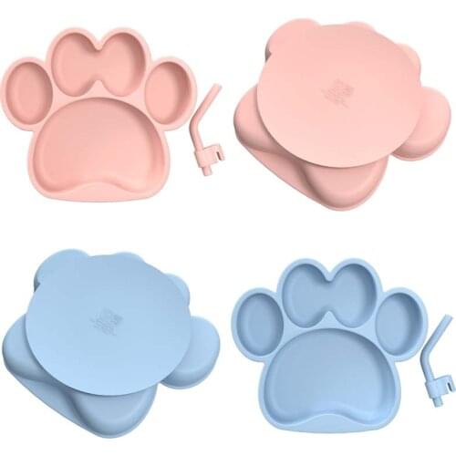 Plate for Kids with Silicone Washable Cute Bear Paw Bowl Set with Straw and Lid BPA Free Feeding Baby Tableware Children Dishes