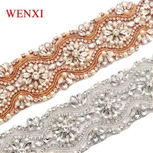 WENXI 30PCS Wholesale Rose Gold Silver Crystal Rhinestones Appliques With Beads Sew On For Wedding Dresses Belt WX839
