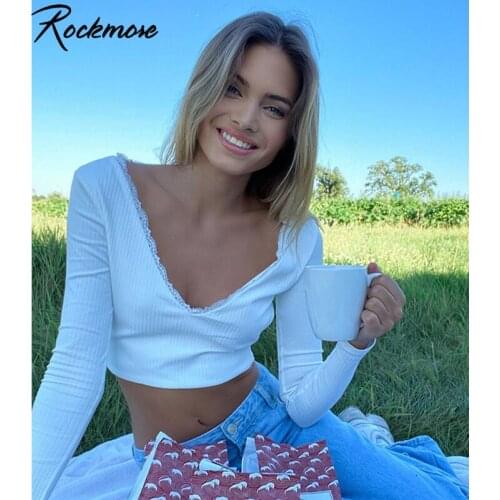 Rockmore Y2k Deep V Neck Long Sleeve T-Shirt Women Streetwear Backless Tie Up Crop Top Sexy Knitted Tee Harajuku Tshirt Clothes