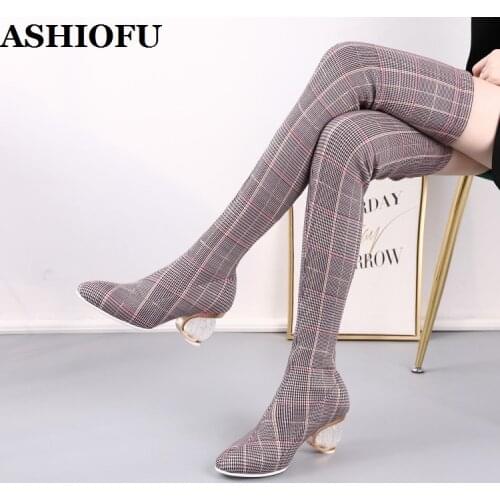 ASHIOFU Elegant Handmade Womens Thigh High Boots Plaid-leather Real-pics Party Prom Over Knee Boots Evening Fashion Winter Boot