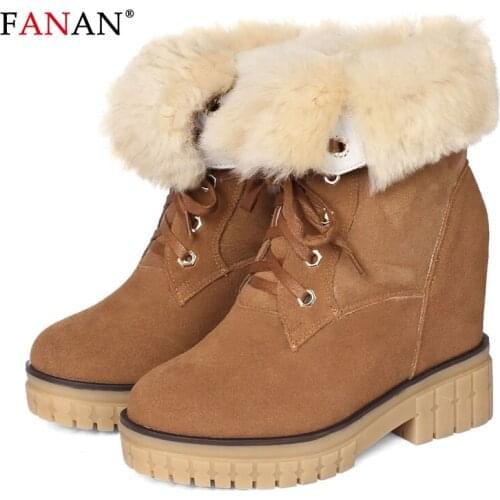 FANAN Winter Women Wool Snow Boots Cow Suede Leather Boots with Fur Female Warm Height Increasing Heel Platform Ankle Boots 2020