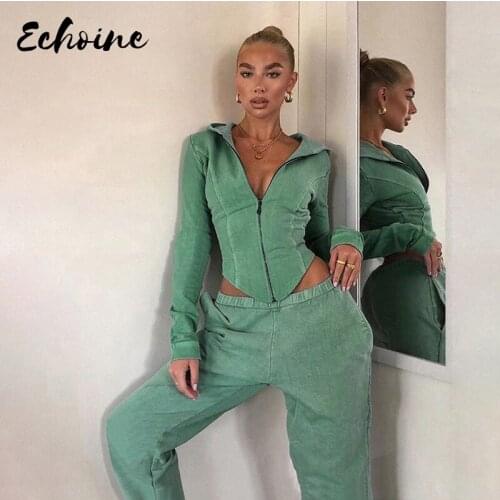 Women Cotton Solid Matching Sets 2020 Autumn Full Sleeve Hooded Zipper Tops+Pants Outfits Fitness Casual Two Piece Sets