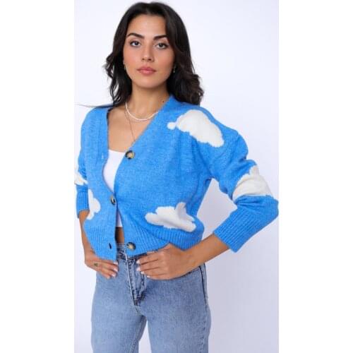 Womens Blue Cloud Pattern Cardigan Jacket Knitted Duyme Wool Trend Fashion Stylist Turkey Production