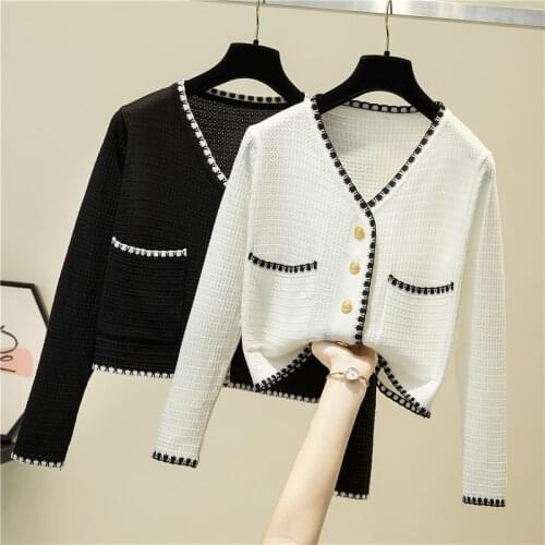 2021 Women Cardigan Spring Autumn V Neck Long Sleeve Sweater Coat Fashion Black White Contrast Color Knitted Cropped Cardigans