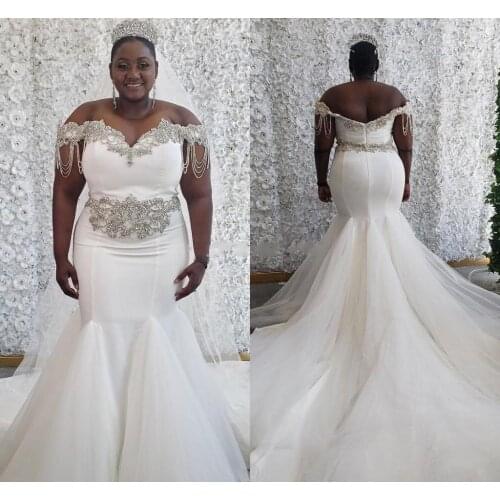 Plus Size Crystal Mermaid Wedding Dresses Off Shoulder Sweep Train Beads Tassel African Garden Country Bridal Gowns vestidos