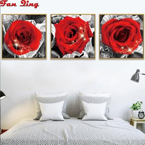 3pcs Diamond Painting Red Rose Diamond Embroidery Flowers Picture Of Rhinestones Handmade Art Mosaic Wall Decor