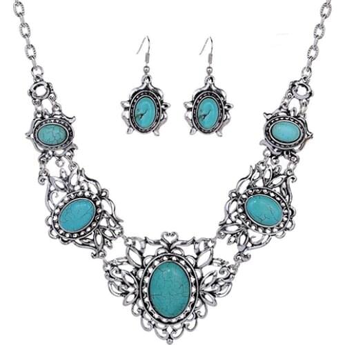 80% Hot Sale Womens Hollow Tibetan Oval Turquoise Bib Collar Necklace Earrings Jewelry Set