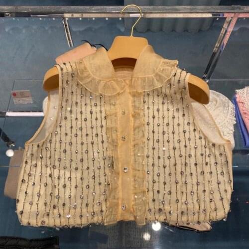 Brand Design 2021 Diamond-Studded Beading Doll Collar Sleeveless Shirt Vintage Chiffon Top Women Summer Luxury Blouse Clothing