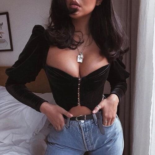 Black Flannel Front Hook And Eye Square Collar Puff Sleeves Short Fashion Elegant Crop Top T Shirt Sexy Party Night Club Wear