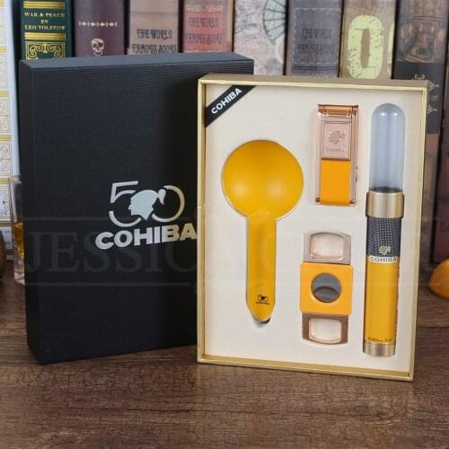COHIBA Cigar Set 2 Jet Torch Lighters Metal Cigars Cutter Sharp Pocket Travel Humdior Travel Cigar Ashtray W/ Gift Bol
