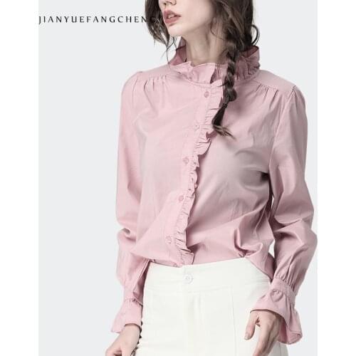 Elegant Stand Ruffles Collar Cotton Shirt Women Blouse And Tops Solid Slim Waist Plus Size 2019 Spring Autumn Office Ladies' Top