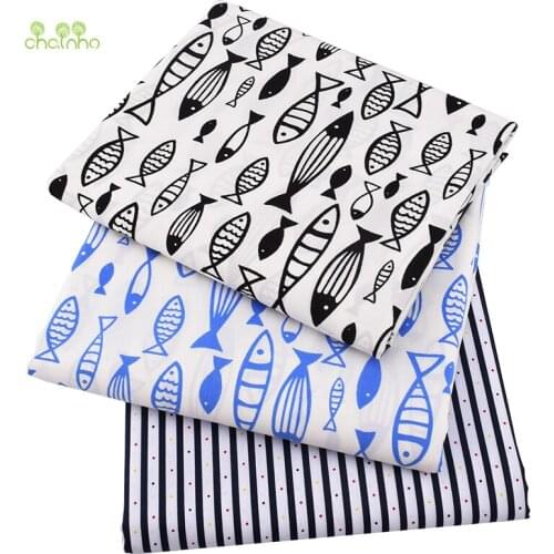 Chainho,Fish Pattern Printing Plan Cotton Fabric,DIY Quilting&Sewing Dress Shirt Skirt Poplin Material For Baby&Child,Half Meter
