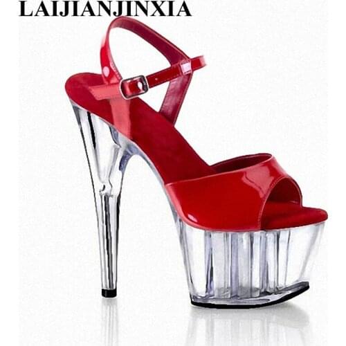 LAIJIANJINXIA New Red Shiny Ankle Strap 15Cm High Heels Open Toe Platform Shoes Womans Shoes Fashions 2018 New Summer Sandals