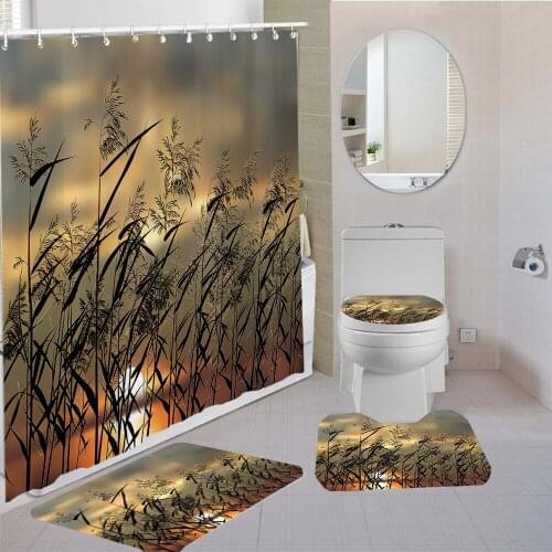Landscape Dogs Tail Grass Printing Shower Curtain Painted Reed Bathroom Curtain With Anti-slip Bath Mat Toilet Rugs Carpet