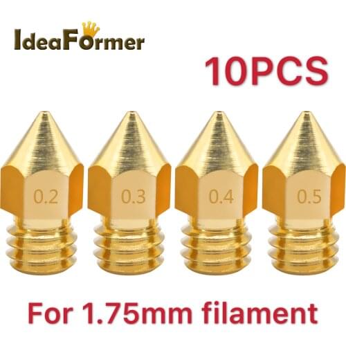 10pcs 3D Printer MK8 Brass Nozzle 0.2/0.3/0.4/0.5mm Extruder Print Head Nozzle For 1.75mm Filament CR10 CR10S 3D Printer Parts