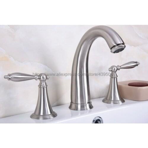 Brushed Nickel Dual Handle Bathroom Mixer Faucet Deck Mounted 3 Install Holes Hot and Cold Water Lavatory Sink Taps Bbn016