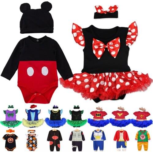 0-18M Boys and Girls Romper Princess Minnie Snow White Mermaid Dress Set for Baby Summer Infant Clothing Set Superheros Jumpsuit