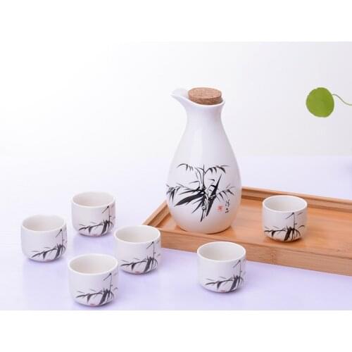 7Pcs/Set Ceramics Sake Pot Cups Set Japan Vintage Flagon Hip Flasks Bamboo Liquor Cup Home Kitchen Drinkware Gifts Barware 250ml