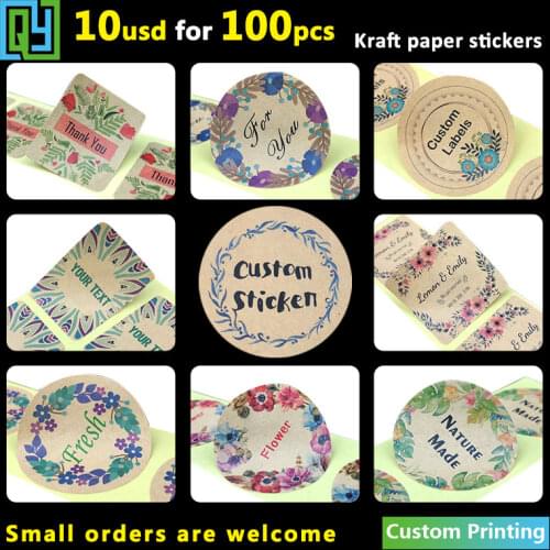 100pcs 35mm Custom Adhesive Kraft Paper Stickers Thank you Hand made Love Wedding Shower Gift Logo Brand Name Seal Label Sticker