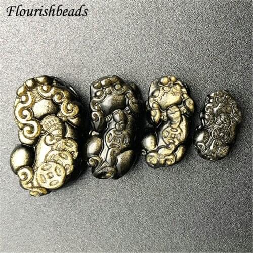 Natural Gold Obsidian Stone Carved Pixiu Pendant Fit Necklace Making Increase Luck with The Opposite Sex Jewelry 5pcs