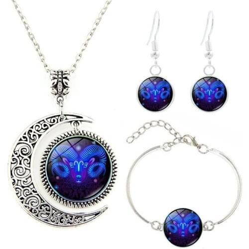 2021 New Zodiac Time Gem Necklace Set Moon Pendant Bracelet Earring Set