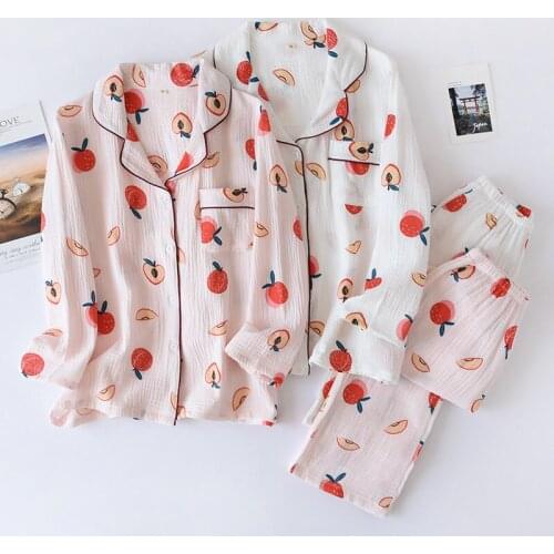 New Peach Crepe Cotton Pajamas Cartoon Thin Sleepwear Long Sleeve Two Piece Set Plus Size Lounge Wear Comfortable Home Clothes