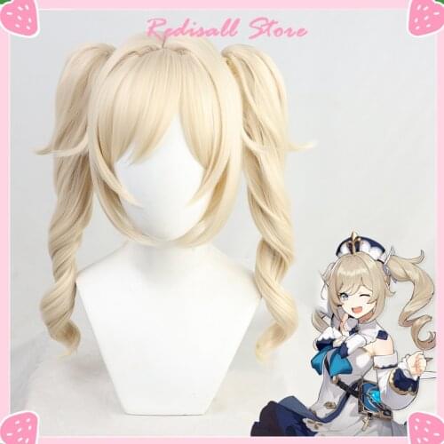 Barbara Wig Genshin Impact Cosplay Pale Blond Golden Long Curly Twin Ponytails Heat Resistant Hair Women Halloween