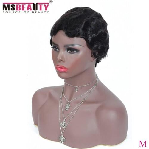 Finger Waves Style Short Human Hair Wigs Pixie Cut Wigs For Black Women Msbeauty Brazilian Remy Hair Natural Black 150% Density