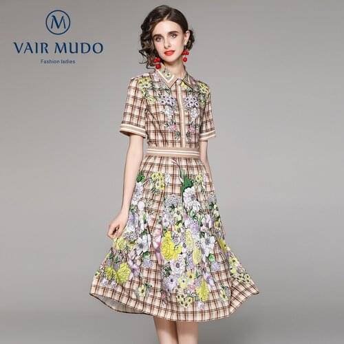 VAIR MUDO Dress All-Match Waist Slimming Positioning Printing Short-Slee Office Lady Spring Autumn Female Polo Lace Sexy Y-6