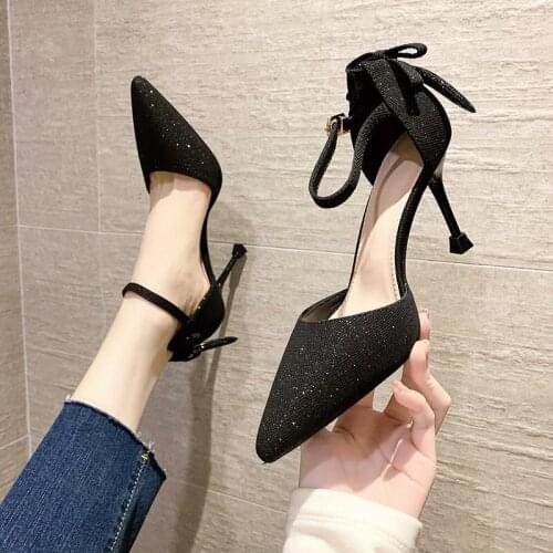 New Womens Fashion Black Bowknot Buckle with Toe High Heels Pumps Stiletto Women Sandals Ladies Party Dress Shoes