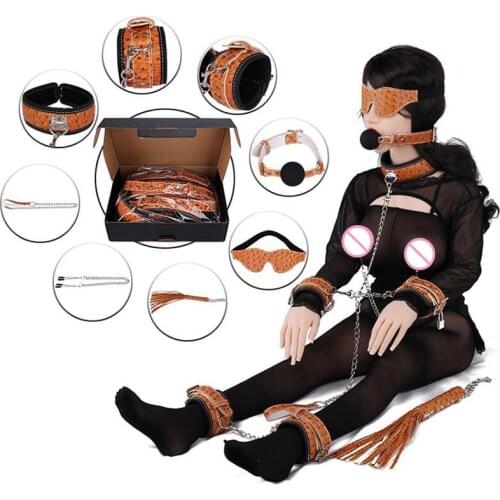 Adult Game 8 PCS/Set PVC Leather Crocodile Grain Handcuffs Whip Collar BDSM Fetish Sex Bondage Restraint Set Sex Toy for Couples