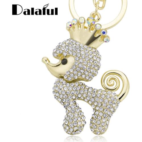 Lovely Crown Poodle Dog Crystal Key Ring Chains Holder Bag Buckle Pendant For Car Keyrings KeyChains K308 New