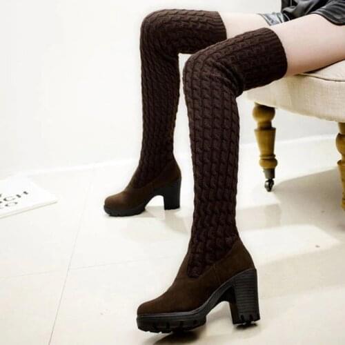 Womens Boots 2019 Autumn Winter Thigh High Boots For Woman Shoes Knitting Wool Long Boot Women Brown/Black Boot Ladies Shoes