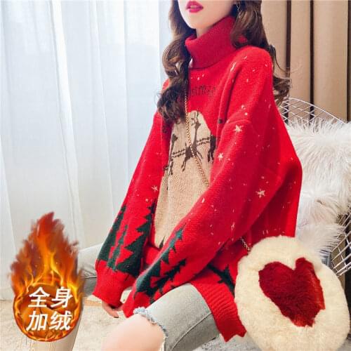 Woman Sweaters Pullover Turtleneck Sweater Pullover Autumn Winter Red Christmas Deer Loose Femme Chandails