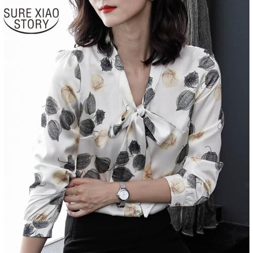Womens tops and blouses bow collar office blouse women plus size print chiffon blouse shirt long sleeve women shirts 2064 50