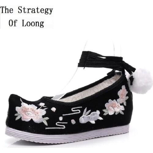 Spring Autumn New National Style Shallow Pointed Toe Wedges Embroider Flowers Women Pumps Winter Plush Ladies Fabric Shoes