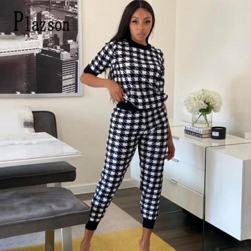 2021 Spring Summer Short Sleeve Trouser Suit Women Print Plaid Casual Sport Two Piece Suit Fashion Streetwear Outfits Tracksuits