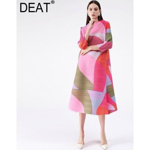 DEAT 2021 Pleated Dress Women Hit Color Geometric With Belt Sashes Over Size Long Sweet Casual New Summer Fashion Tide AM401