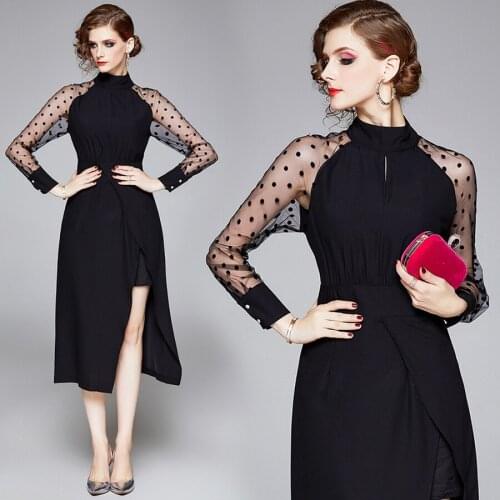 2021 Vintage Black Lace Sexy Midi Dresses Spring Summer High Street Plus Size Runway Dress Elegant Women Bodycon Party Vestidos