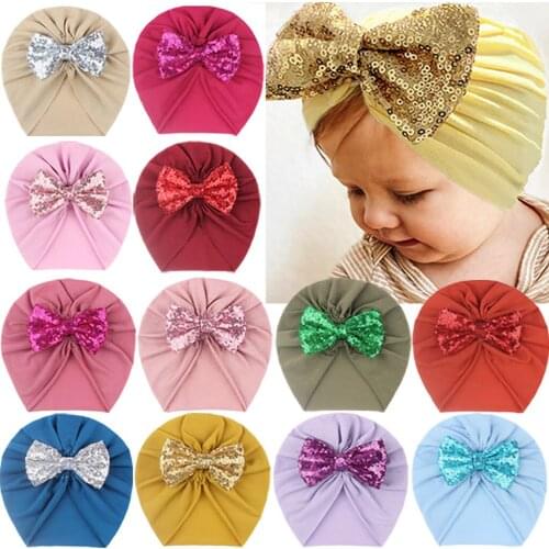 14 Pcs/lot Baby Headwear Accessories Wholesale Warm Hats Newborn Turbans With Sequins Big Bow Tie Headkerchief