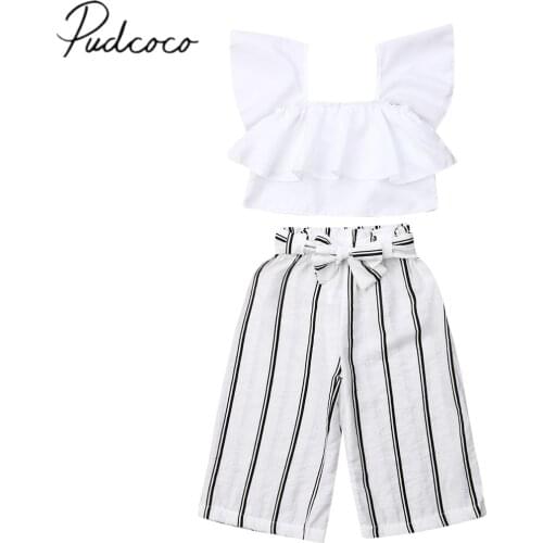 2019 Baby Summer Clothing Fashion Toddler Baby Girls Vest Off Shoulder Top Wide Stripe Pants Kids Clothes 2Pcs Set Outfits 2-7T