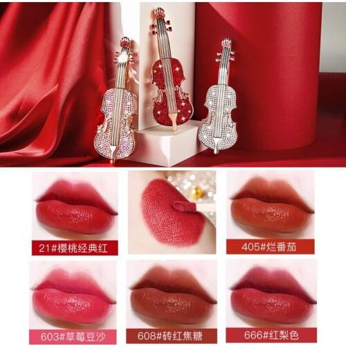 5 Colors Violin Lip Glaze Waterproof Sweat Resistant Long Lasting Velvet Moisturizing Nourish Lipstick Sexy Red Lip Makeup 1Pcs