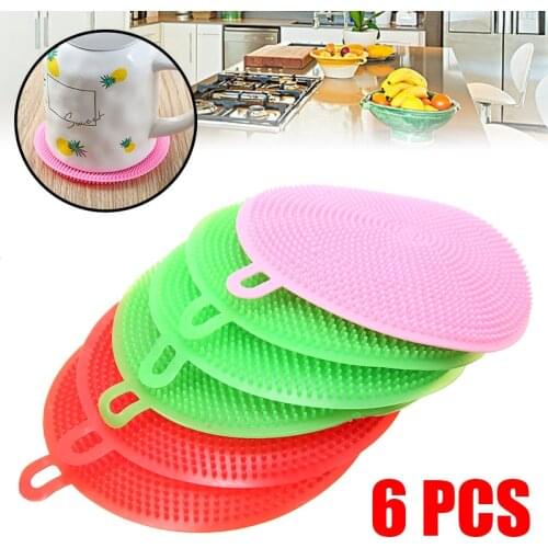 6pcs/kit Kitchen Cleaning Brush Silicone Dishwashing Brush Multifunctional Round Scrubber Wash Cleaning Brushes Color Random