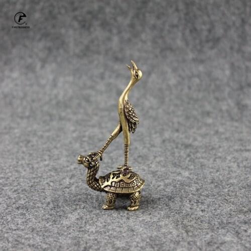 Antique Copper Ornaments Chinese Feng Shui Crane Turtle Figurines Home Decor Retro Brass Animal Censer Office Desk Decorations